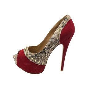 ALDO Red Suede Animal Print Studed Peep-Toe Stiletto Heels Women’s Size 8.5